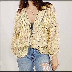 Free People Yellow Flowy Peasant Puff Sleeve Top